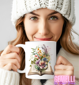 Book and Wild Flowers Coffee Cup, Colorful Floral Design Mug for Cozy Reading, Perfect Gift for Book Lovers