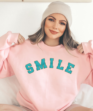 Chenille Turquoise Letter Smile Sweatshirt